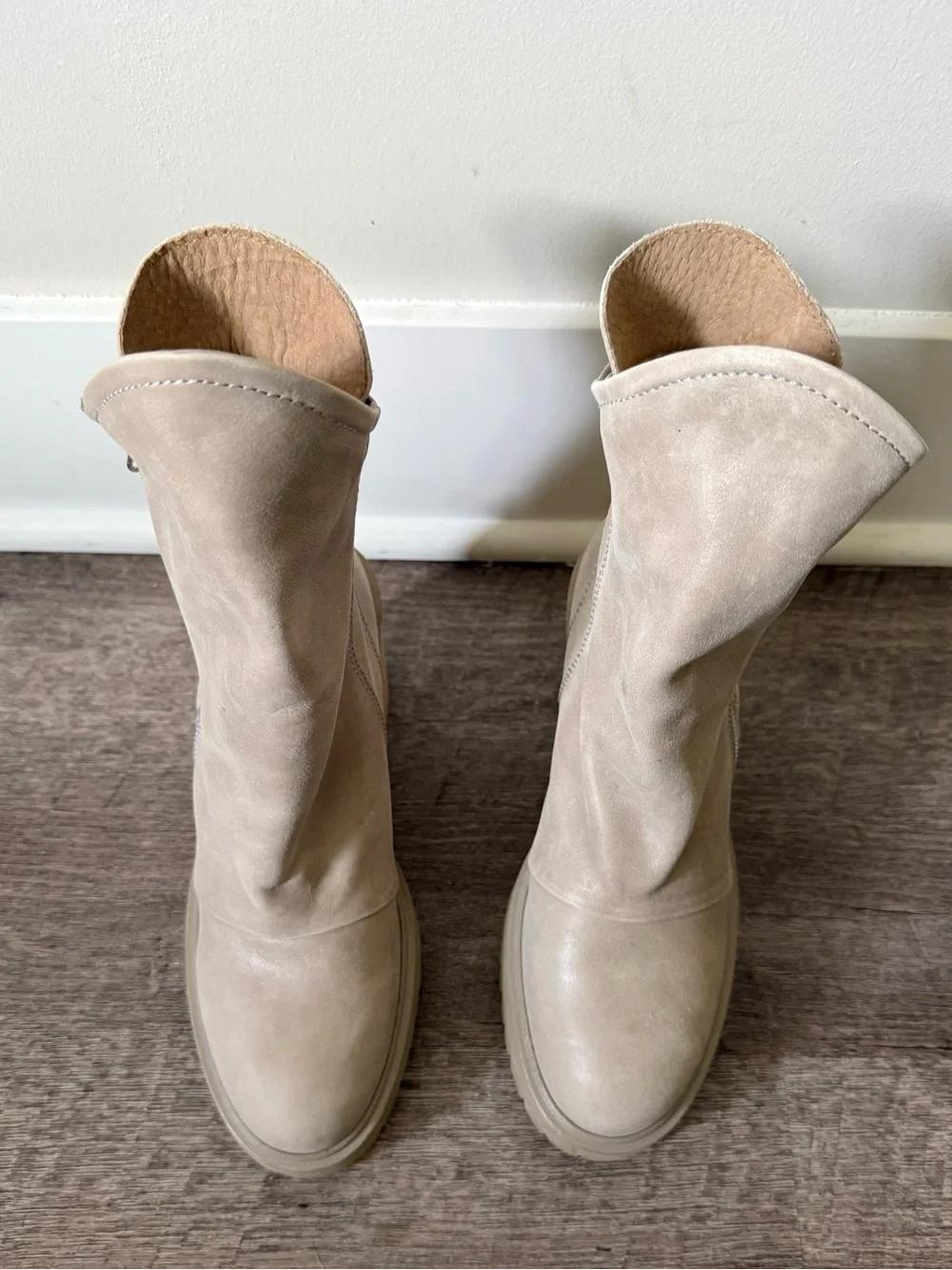 Free People Taupe Leather Zip-Up Chunky Heel Boots
